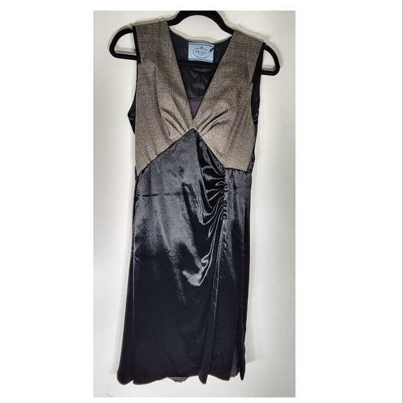 Prada Check Mouline & Velvet Sleeveless Dress, Black/Brown Womens Size 40 / 4 US - Picture 2 of 7